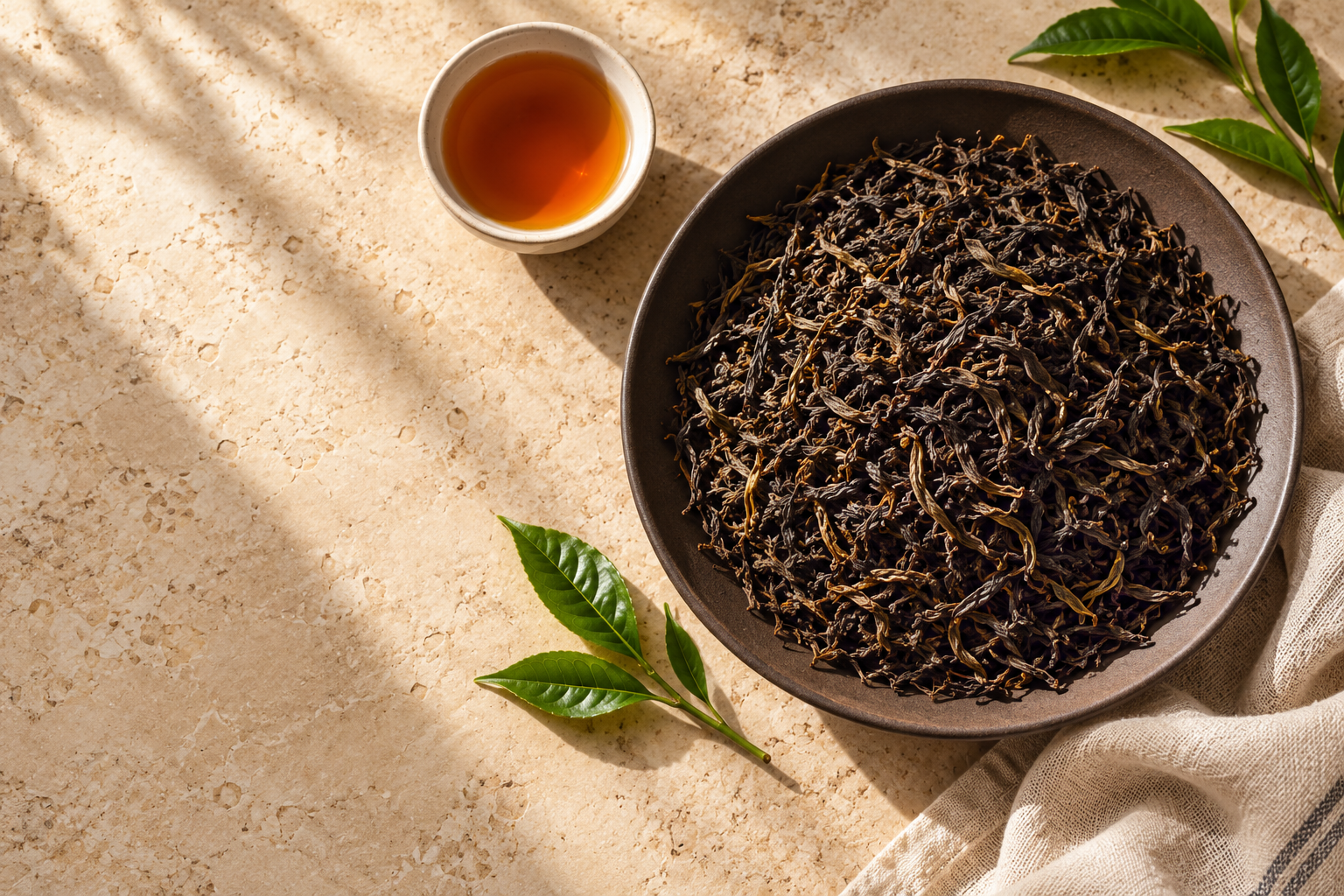 Loose black tea in a ceramic dish with a cup of amber tea