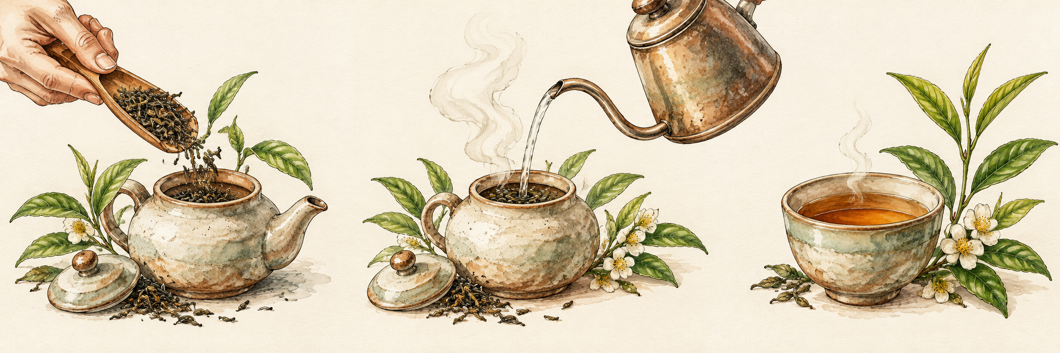 Watercolour tea ritual: measure loose leaves, pour warm water, and savour a cup of Ceylon tea